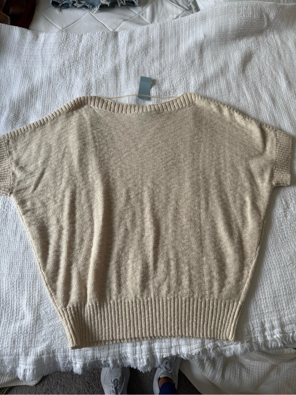 LOFT Cream Short-Sleeve Ribbed Hem Knit Top - Picture 6 of 7